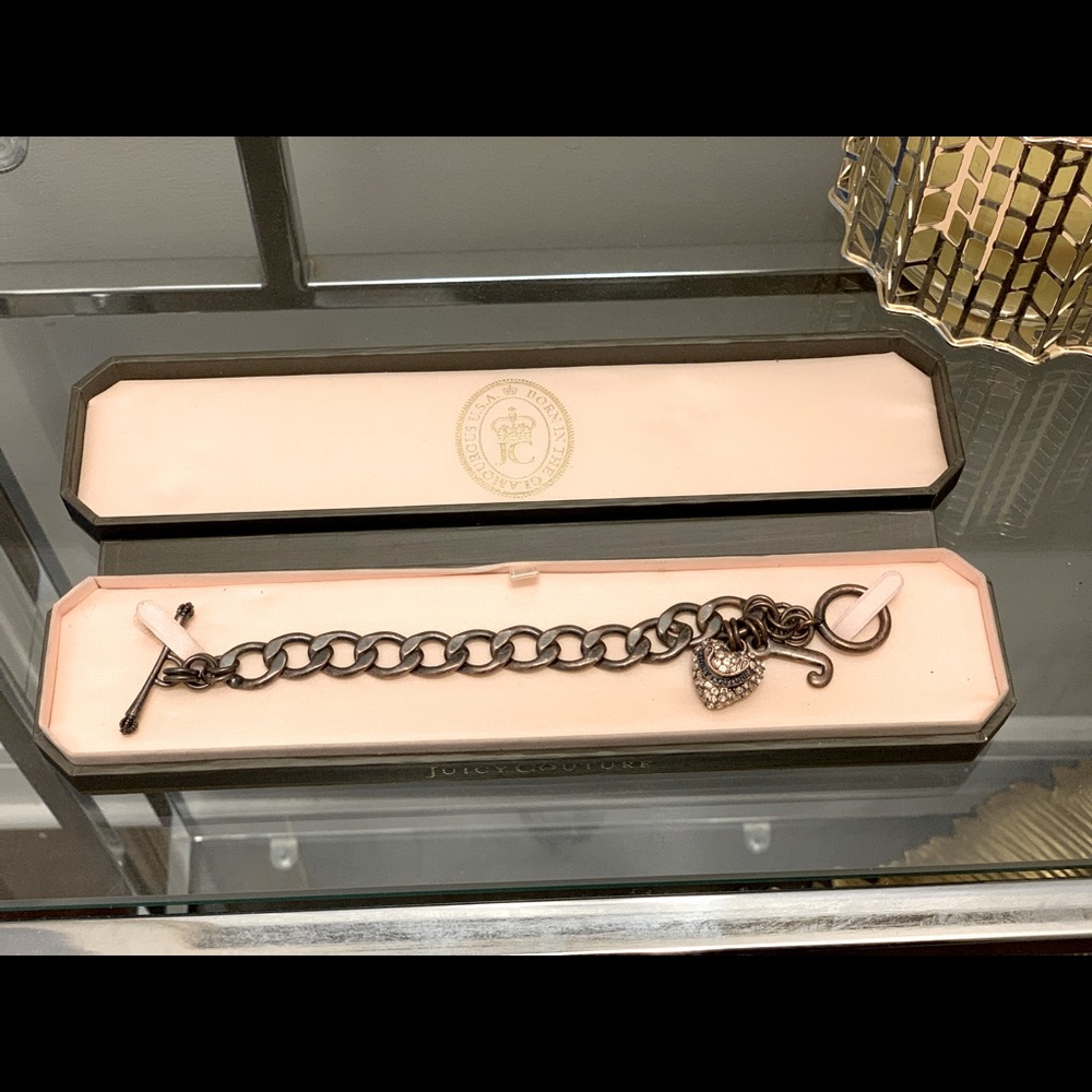 Vintage Juicy Couture Pave Rhinestone Heart Charm Bracelet Rose Gold